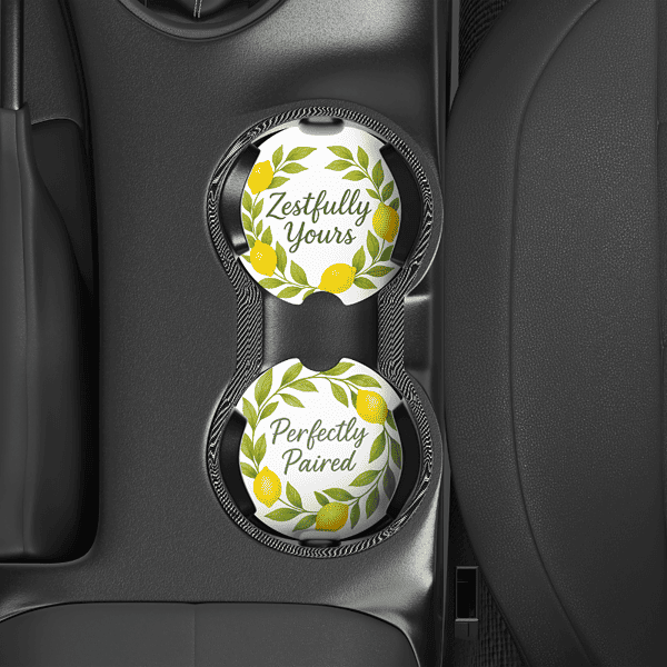 Zestfully Yours & Perfectly Paired Car Coasters  – Set of 2
